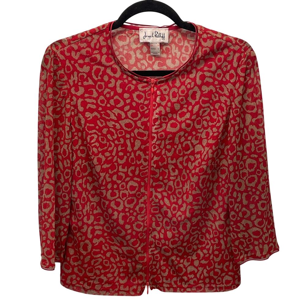 Vintage Joseph Ribkoff Cardigan Full Zip Red Cheetah Print Size 12